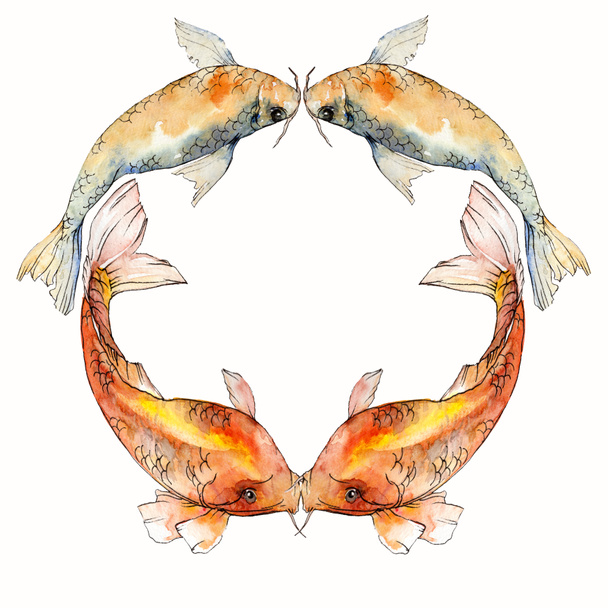 Σετ ακουαρέλας υδρόβια υποβρύχια πολύχρωμα τροπικά ψάρια. Ερυθρά θάλασσα και εξωτικά ψάρια μέσα: χρυσόψαρο. Ακουαρέλα στοιχεία για φόντο, υφή, μοτίβο περιτύλιγμα. Πλαίσιο συνόρων στολίδι τετράγωνο. - Φωτογραφία, εικόνα