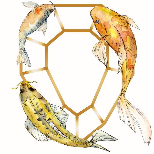 Watercolor aquatic underwater colorful tropical fish set. Red sea and exotic fishes inside: Goldfish. Aquarelle elements for background, texture, wrapper pattern. Frame border ornament square. - Foto, immagini