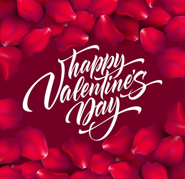 Happy Valentines day hand belettering, moderne kalligrafie, op de kleurrijke mooie achtergrond rozenblaadjes. Vectorillustratie - Vector, afbeelding