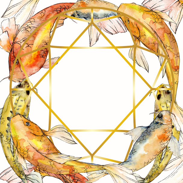Watercolor aquatic underwater colorful tropical fish set. Red sea and exotic fishes inside: Goldfish. Aquarelle elements for background, texture, wrapper pattern. Frame border ornament square. - Foto, immagini
