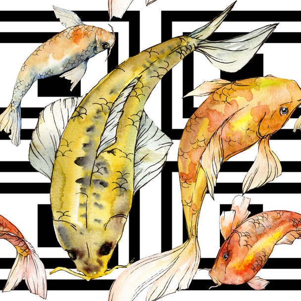 Zestaw akwarela wodne podwodne, kolorowe ryby tropikalne. Morze Czerwone i egzotycznych ryb wewnątrz: złota rybka. Aquarelle elementy tła, tekstura, wzór otoki. - Zdjęcie, obraz