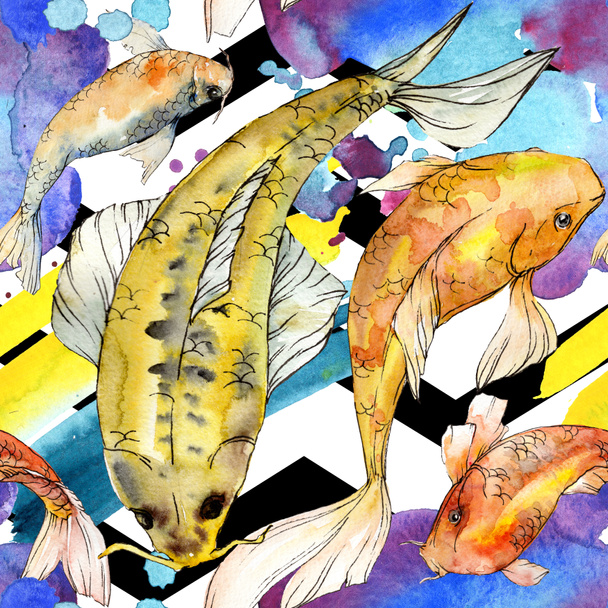 Watercolor aquatic underwater colorful tropical fish set. Red sea and exotic fishes inside: Golden fish. Aquarelle elements for background, texture, wrapper pattern. - Foto, Imagen