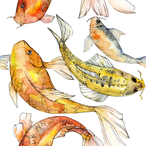 Watercolor aquatic underwater colorful tropical fish set. Red sea and exotic fishes inside: Golden fish. Aquarelle elements for background, texture, wrapper pattern. - Foto, Imagen