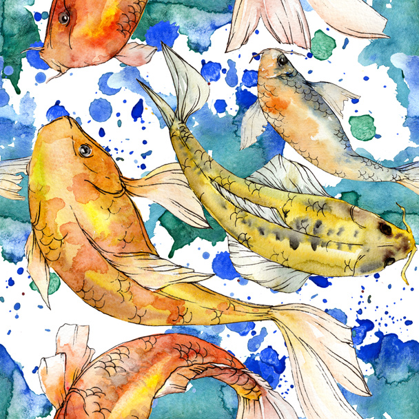 Watercolor aquatic underwater colorful tropical fish set. Red sea and exotic fishes inside: Golden fish. Aquarelle elements for background, texture, wrapper pattern. - Fotoğraf, Görsel
