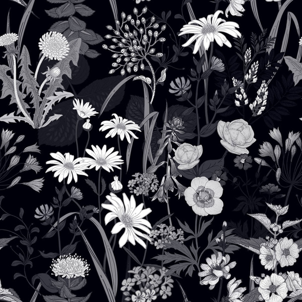 Wild flowers seamless pattern. Vector illustration. Floral background for printing on wallpaper, paper, textiles, fabrics. Hand drawing sketch. Floral decoration. Black and white. - Vetor, Imagem