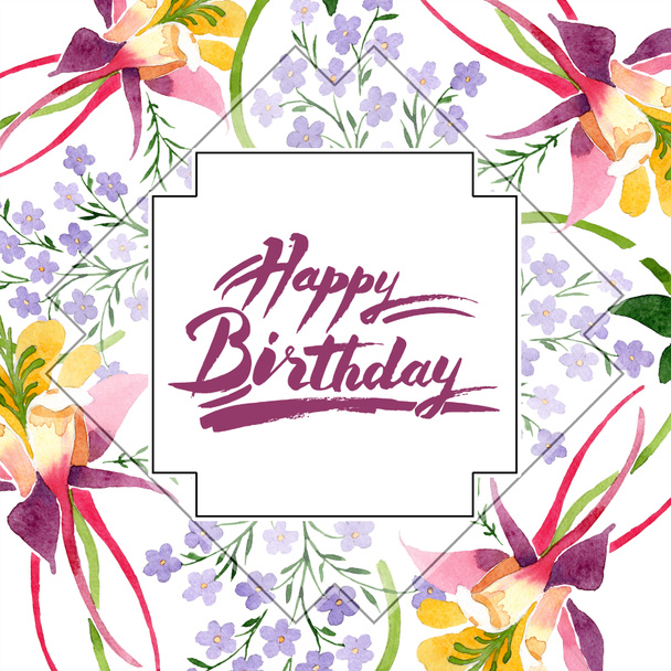 Watercolor background illustration set with floral ornament and happy birthday lettering  - Photo, Image
