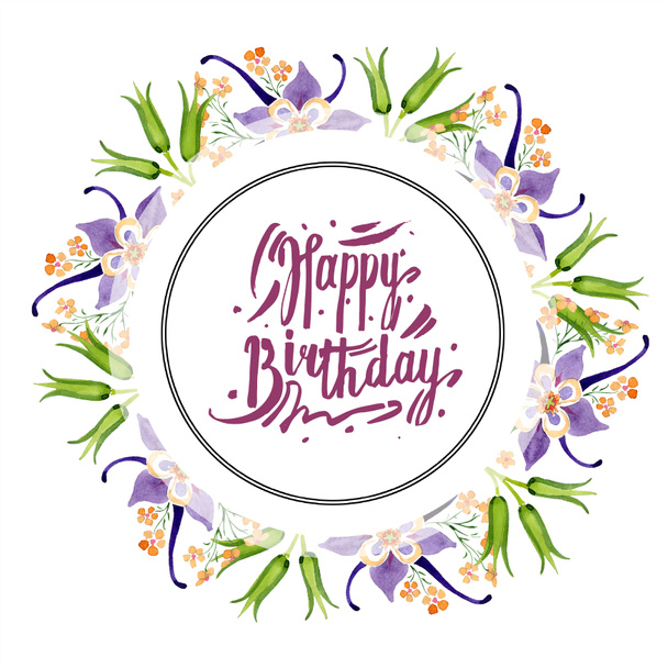 Watercolor background illustration set with floral ornament and happy birthday lettering  - 写真・画像
