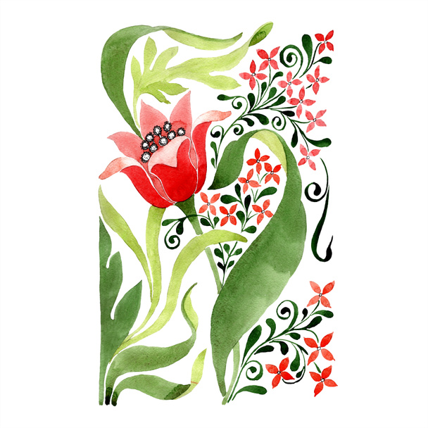 Red floral botanical flower. Wild spring leaf wildflower isolated. Watercolor background illustration set. Watercolour drawing fashion aquarelle isolated. Isolated ornament illustration element. - Valokuva, kuva