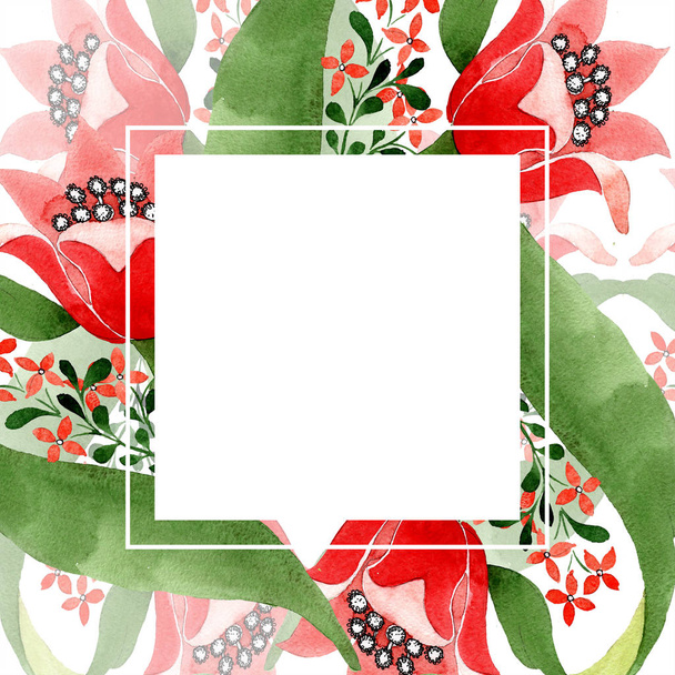 Red floral botanical flower. Wild spring leaf wildflower isolated. Watercolor background illustration set. Watercolour drawing fashion aquarelle isolated. Frame border ornament square. - Photo, Image