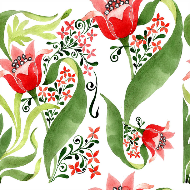 Red floral botanical flower. Wild spring leaf isolated. Watercolor illustration set. Watercolour drawing fashion aquarelle. Seamless ornament background pattern. Fabric wallpaper print texture. - Fotoğraf, Görsel