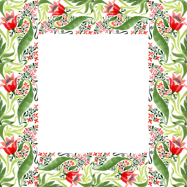 Red floral botanical flower. Wild spring leaf wildflower isolated. Watercolor background illustration set. Watercolour drawing fashion aquarelle isolated. Frame border ornament square. - Fotoğraf, Görsel