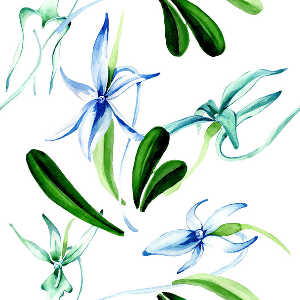 Blue Rare orchid. Floral botanical flower. Wild spring leaf. Watercolor illustration set. Watercolour drawing fashion aquarelle isolated. Seamless background pattern. Fabric wallpaper print texture. - Foto, imagen