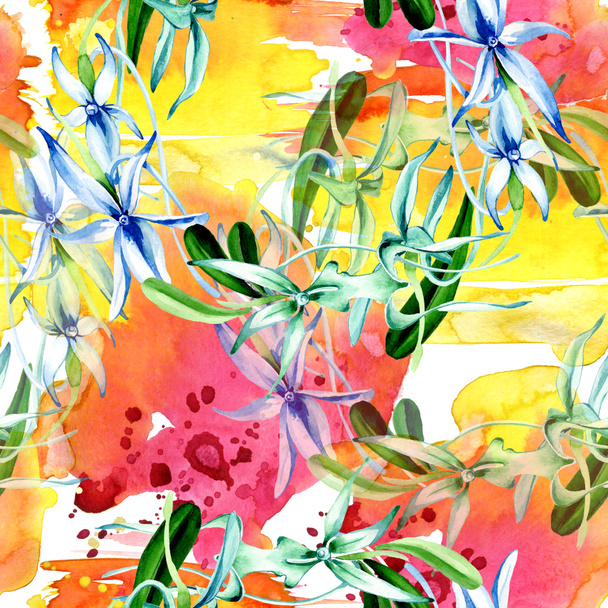 Kék ritka orchidea. Virágos botanikai virág. Vad tavaszi levél. Akvarell illusztráció készlet. Akvarell rajz divat aquarelle elszigetelt. Varratmentes háttérben minta. Anyagot a nyomtatási textúrát. - Fotó, kép
