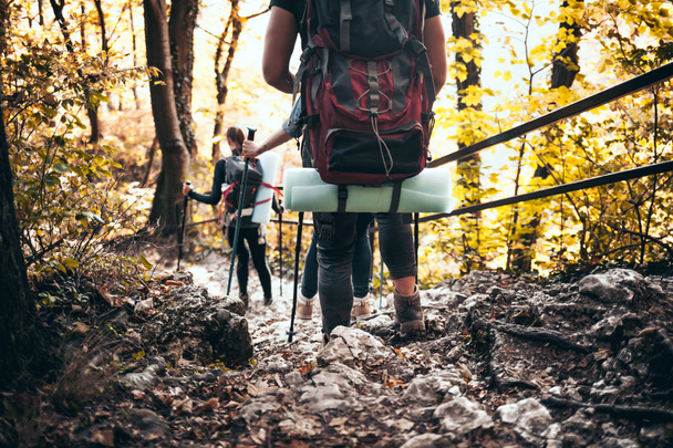 Travelers while trekking with backpacks on rocky forest trail - Foto, imagen