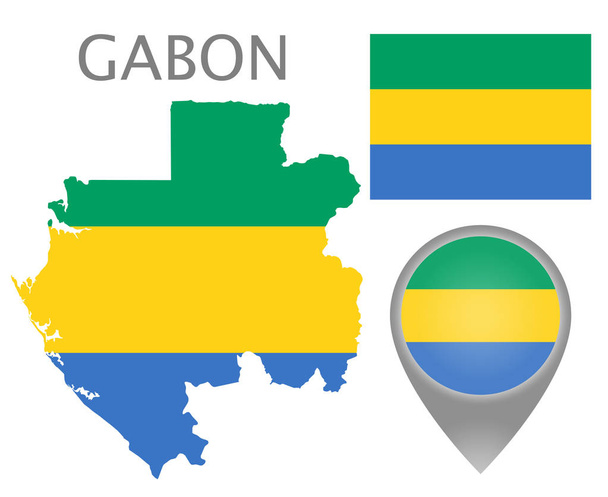 Bandeira colorida, ponteiro do mapa e mapa do Gabão nas cores da bandeira gabonesa. Alto detalhe. Ilustração vetorial
 - Vetor, Imagem