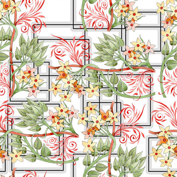 Colorful floral botanical ornament. Watercolor illustration set. Seamless background pattern. Fabric wallpaper print texture. - Foto, afbeelding