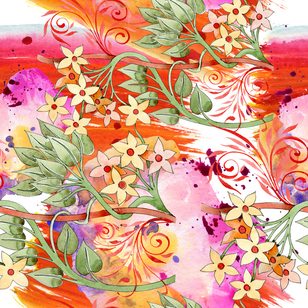 Colorful floral botanical ornament. Watercolor illustration set. Seamless background pattern. Fabric wallpaper print texture. - 写真・画像