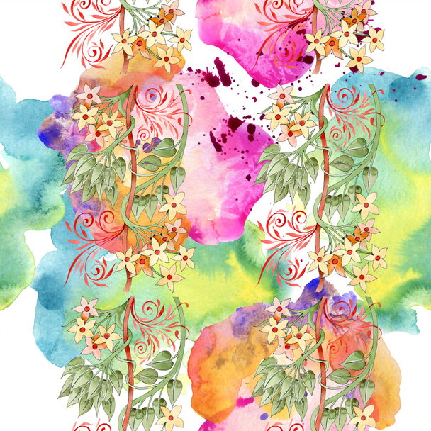 Colorful floral botanical ornament. Watercolor illustration set. Seamless background pattern. Fabric wallpaper print texture. - Fotografie, Obrázek