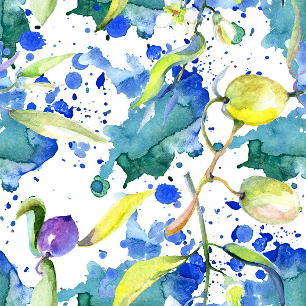 Olives watercolor background illustration set. Seamless background pattern. Fabric wallpaper print texture. - Fotó, kép
