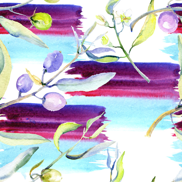 Olives watercolor background illustration set. Seamless background pattern. Fabric wallpaper print texture. - Foto, Imagem