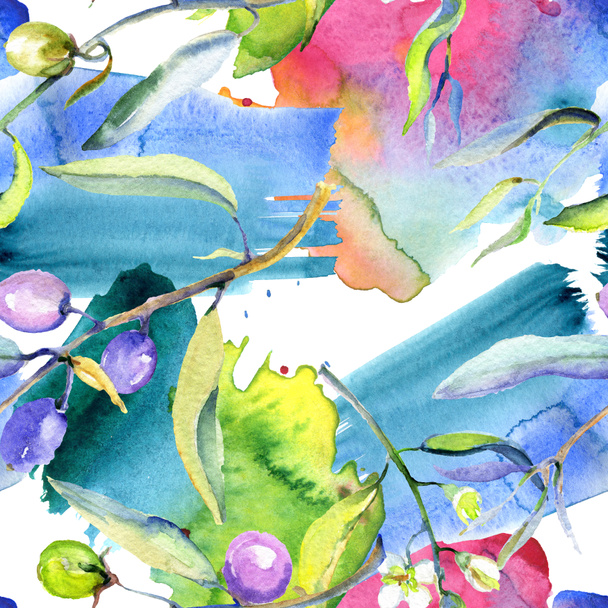 Olives watercolor background illustration set. Seamless background pattern. Fabric wallpaper print texture. - Φωτογραφία, εικόνα