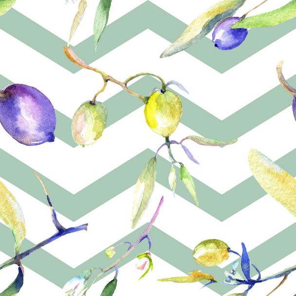 Olives watercolor background illustration set. Seamless background pattern. Fabric wallpaper print texture. - Fotografie, Obrázek