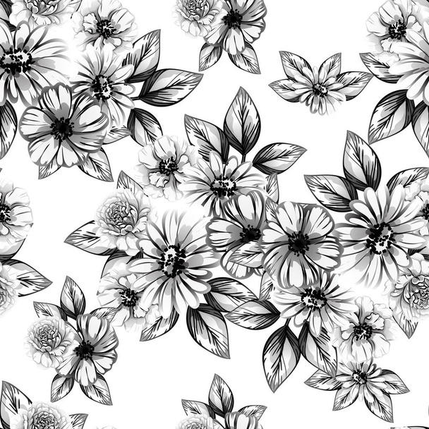 Seamless vintage style flower pattern. Floral elements in black and white. - Vector, imagen