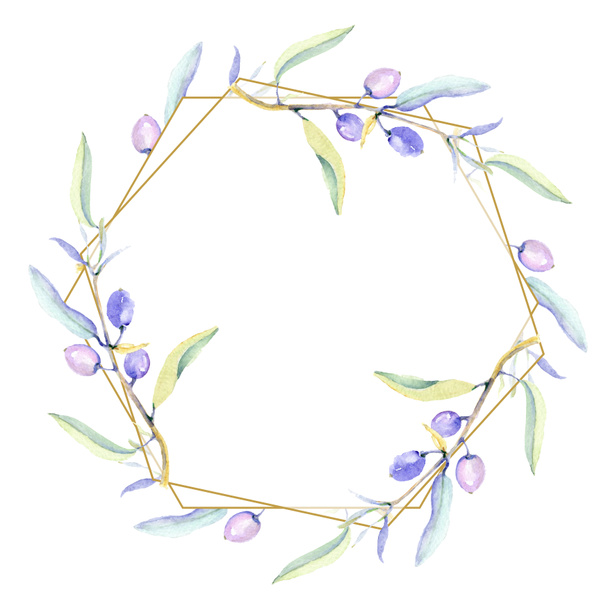 Olives watercolor background illustration set. Frame border ornament with copy space. - Фото, изображение