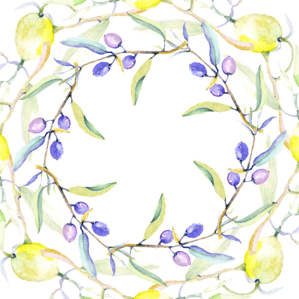 Olives watercolor background illustration set. Frame border ornament with copy space. - Fotó, kép