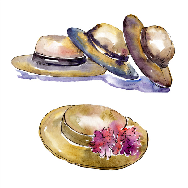 Hat sketch fashion glamour illustration. Clothes accessories set trendy vogue outfit. Watercolor background set. Watercolour drawing fashion aquarelle. Isolated hats illustration element. - Фото, зображення