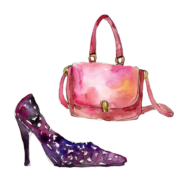 Bag and shoe sketch fashion glamour illustration in a watercolor style. Clothes accessories set trendy vogue outfit. Aquarelle fashion sketch for background. Watercolour drawing aquarelle isolated. - Φωτογραφία, εικόνα