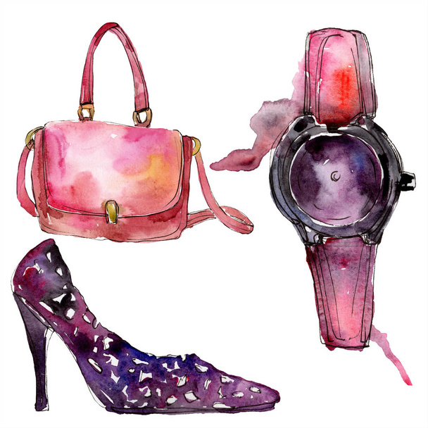 Watch, bag and shoe sketch fashion glamour illustration in a watercolor style. Clothes accessories set trendy vogue outfit. Aquarelle sketch for background. Watercolour drawing aquarelle isolated. - Foto, imagen