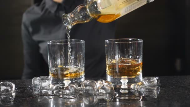 Au comptoir du bar. Barman femelle méconnaissable en chemise noire versant du whisky dans Jigger au ralenti. Concept de fabrication de cocktails.. hd
 - Séquence, vidéo