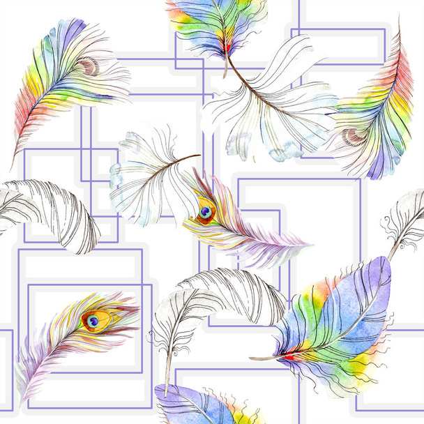 Colorful bird feather from wing isolated. Watercolor background illustration set. Watercolour drawing fashion aquarelle isolated. Seamless background pattern. Fabric wallpaper print texture. - Fotografie, Obrázek