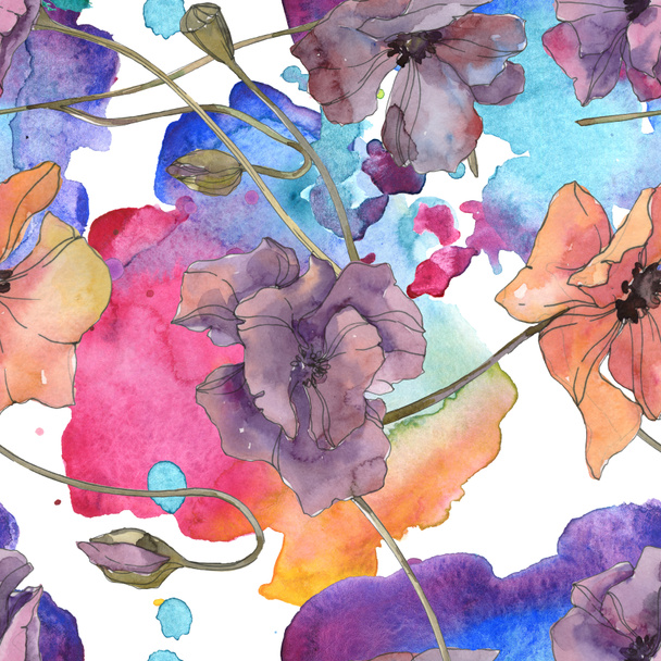 Red and purple poppy floral botanical flower. Wild spring leaf isolated. Watercolor illustration set. Watercolour drawing aquarelle. Seamless background pattern. Fabric wallpaper print texture. - 写真・画像