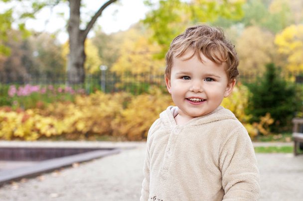 Little smiling boy playing in the park.  Lovely kid smiles and has joy. Outdoor activities for children  - Fotoğraf, Görsel