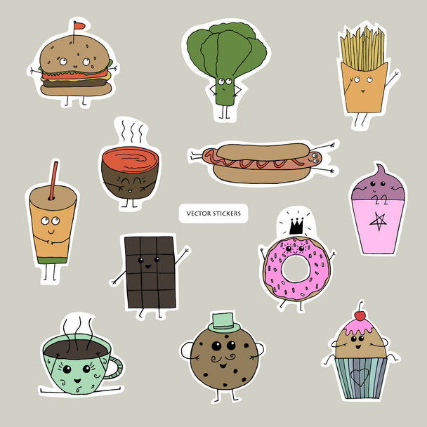 Funny print element. Fast food: burger, lettuce, fries, hot dog, soup and soda.Cupcakes, doughnut, cookie, ice cream, chocolate bar and cup of coffee. Stickers design. Vector objects set. - Вектор,изображение