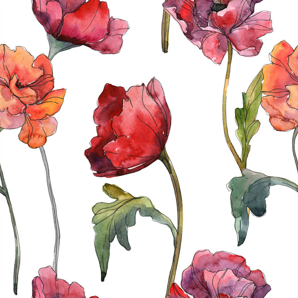 Red poppy floral botanical flower. Wild spring leaf. Watercolor illustration set. Watercolour drawing fashion aquarelle isolated. Seamless background pattern. Fabric wallpaper print texture. - Fotoğraf, Görsel