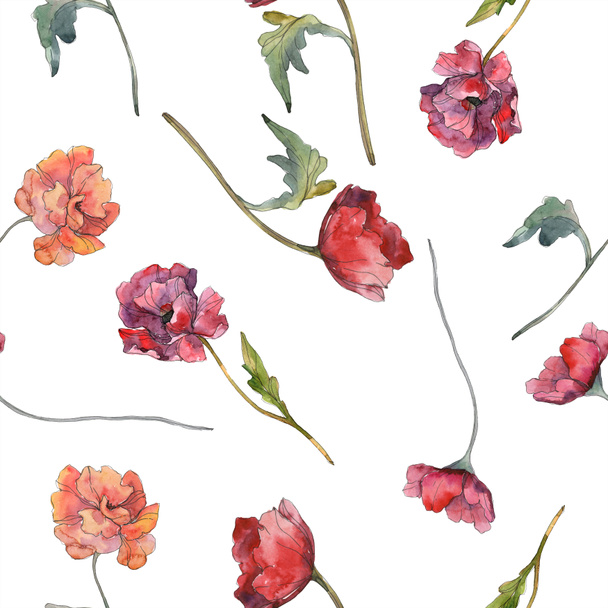 Red poppy floral botanical flower. Wild spring leaf. Watercolor illustration set. Watercolour drawing fashion aquarelle isolated. Seamless background pattern. Fabric wallpaper print texture. - Photo, image