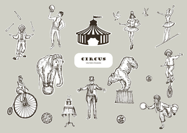 Retro circo rendimiento conjunto bosquejo stile vector ilustración. Imitación dibujada a mano. Humanos y animales. Diseño de pegatinas
. - Vector, Imagen