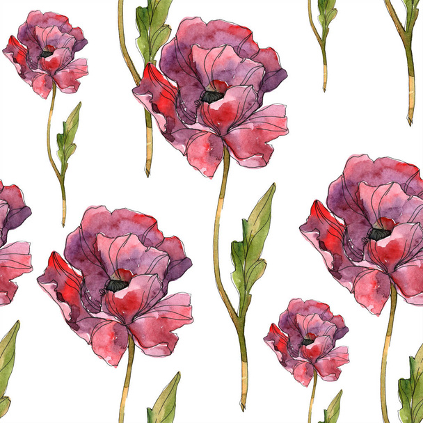 Red poppy floral botanical flower. Wild spring leaf. Watercolor illustration set. Watercolour drawing fashion aquarelle isolated. Seamless background pattern. Fabric wallpaper print texture. - 写真・画像