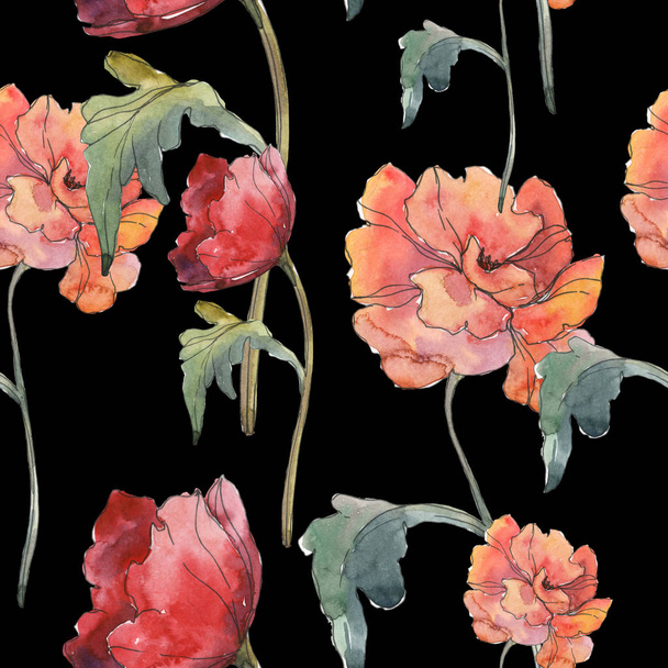 Red poppy floral botanical flower. Wild spring leaf. Watercolor illustration set. Watercolour drawing fashion aquarelle isolated. Seamless background pattern. Fabric wallpaper print texture. - Foto, Bild