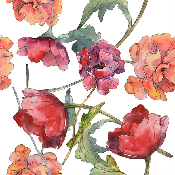 Red poppy floral botanical flower. Wild spring leaf. Watercolor illustration set. Watercolour drawing fashion aquarelle isolated. Seamless background pattern. Fabric wallpaper print texture. - Foto, imagen
