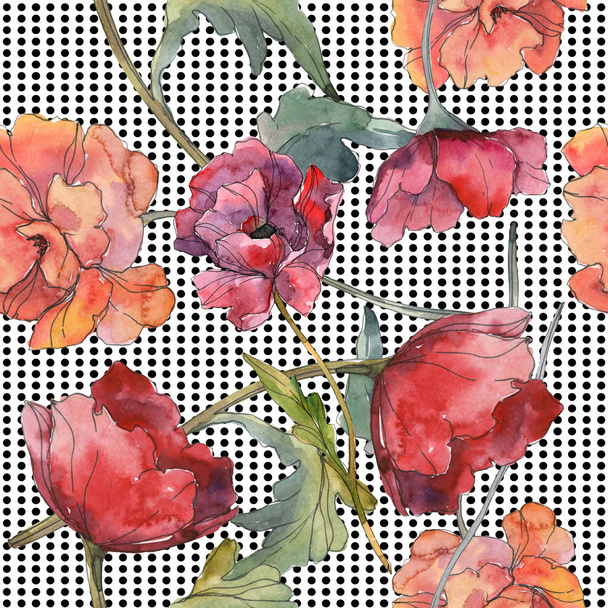 Red poppy floral botanical flower. Wild spring leaf. Watercolor illustration set. Watercolour drawing fashion aquarelle isolated. Seamless background pattern. Fabric wallpaper print texture. - Photo, Image