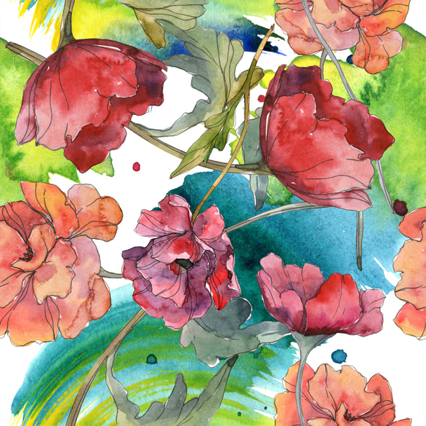 Kırmızı haşhaş botanik çiçek. Vahşi bahar yaprak. Suluboya resim kümesi. Suluboya çizim moda aquarelle izole. Sorunsuz arka plan deseni. Kumaş duvar kağıdı yazdırma doku. - Fotoğraf, Görsel