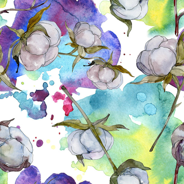 White cotton botanical flower. Wild spring leaf wildflower. Watercolor illustration set. Watercolour drawing fashion aquarelle isolated. Seamless background pattern. Fabric wallpaper print texture. - Photo, Image