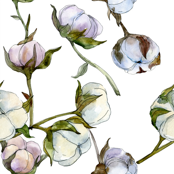 Cotton floral botanical flower. Wild spring leaf wildflower. Watercolor illustration set. Watercolour drawing fashion aquarelle isolated. Seamless background pattern. Fabric wallpaper print texture. - Photo, Image
