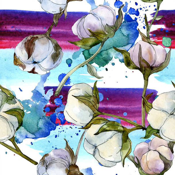 Pamuk botanik çiçek. Vahşi bahar yaprak kır çiçeği. Suluboya resim kümesi. Suluboya çizim moda aquarelle izole. Sorunsuz arka plan deseni. Kumaş duvar kağıdı yazdırma doku. - Fotoğraf, Görsel