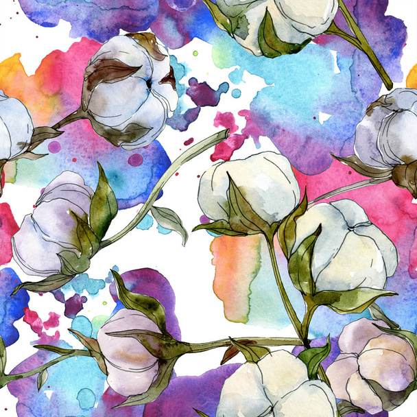 Pamut virág botanikai virág. Vad tavaszi levél vadvirág. Akvarell illusztráció készlet. Akvarell rajz divat aquarelle elszigetelt. Varratmentes háttérben minta. Anyagot a nyomtatási textúrát. - Fotó, kép