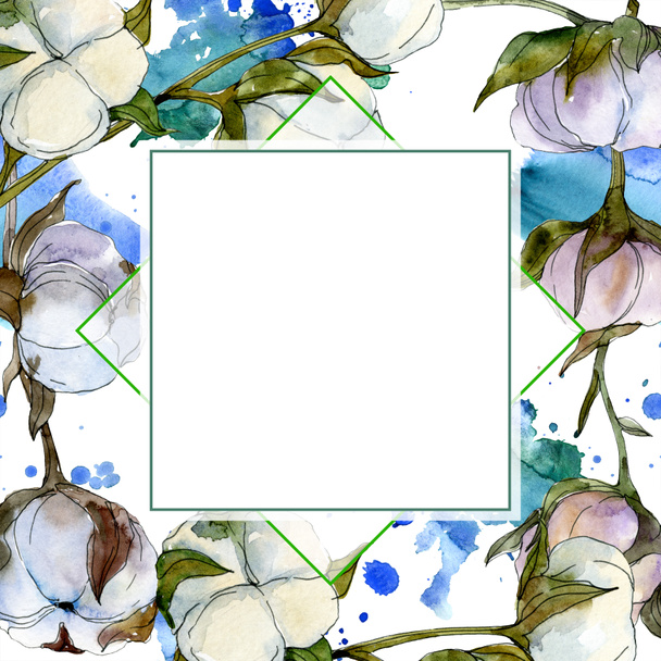 Cotton floral botanical flower. Wild spring leaf wildflower isolated. Watercolor background illustration set. Watercolour drawing fashion aquarelle isolated. Frame border ornament square. - 写真・画像